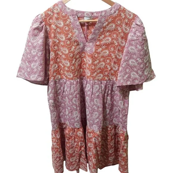 NWT Voy Paisley Colorblock Boho Cotton Tiered Dress~V-Neck/Puff Sleeves~SMALL - Picture 4 of 9